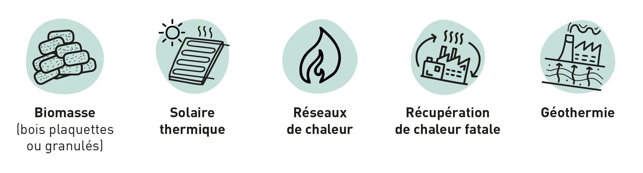 Les technologies d'énergies renouvelables éligibles au Fonds Chaleur : biomasse, solaire thermique, réseaux de chaleur, récupération de chaleur fatale et géothermie.